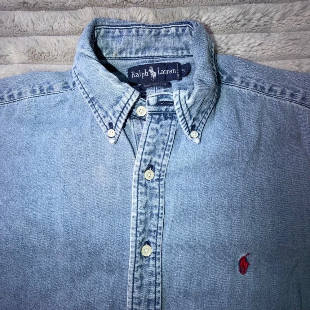 Vintage 90's Ralph Lauren Polo Shirt Men's Medium Blue Denim Button Up Red Pony
